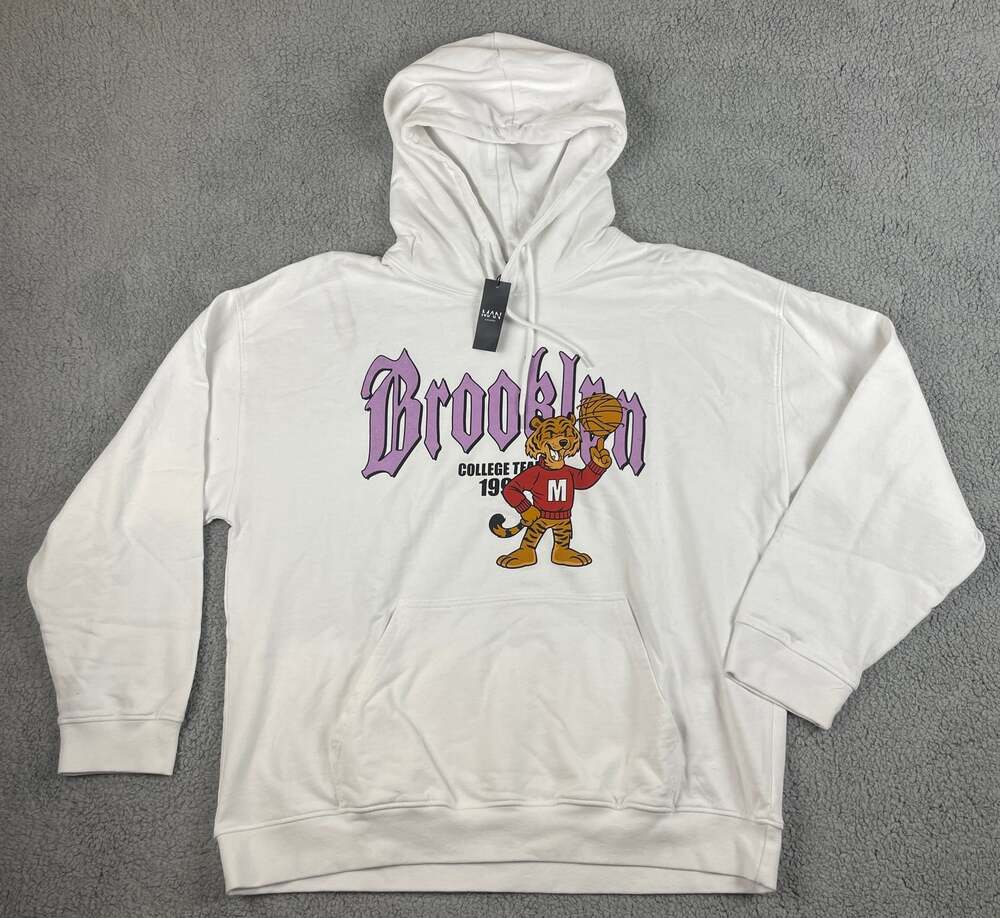 boohooMan Men's Large White Oversized Graphic Varsity Mascot Hooded Sweatshirt